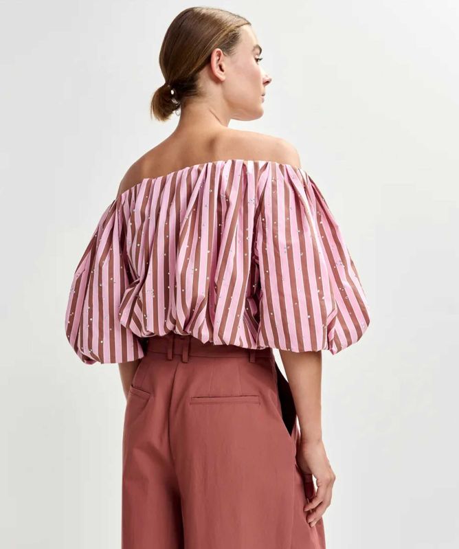 Essentiel Antwerp Rhinestone Gathered Puff Sleeve Bodysuit