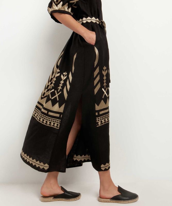 Greek Archaic Kori Feather Puff Sleeve Midi Dress