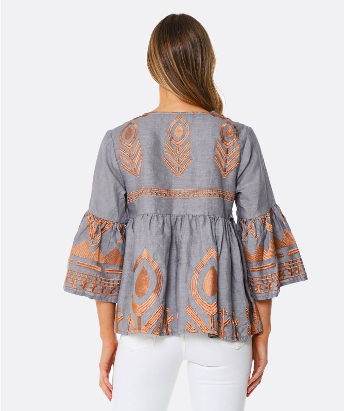 Greek Archaic Kori Linen Embroidered V-Neck Blouse