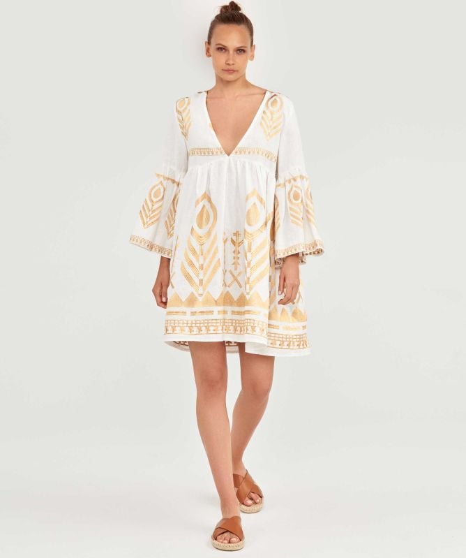 Greek Archaic Kori Feather Embroidered Mini Dress