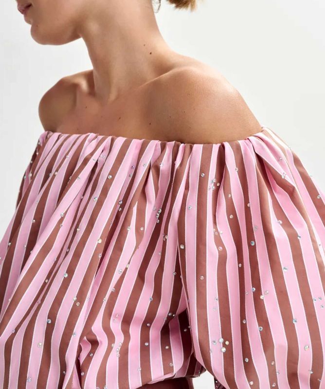 Essentiel Antwerp Rhinestone Gathered Puff Sleeve Bodysuit