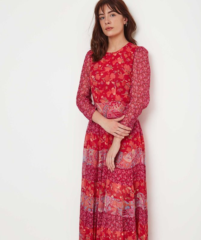 RIXO Kristen Mixed Print Tiered Midi Dress