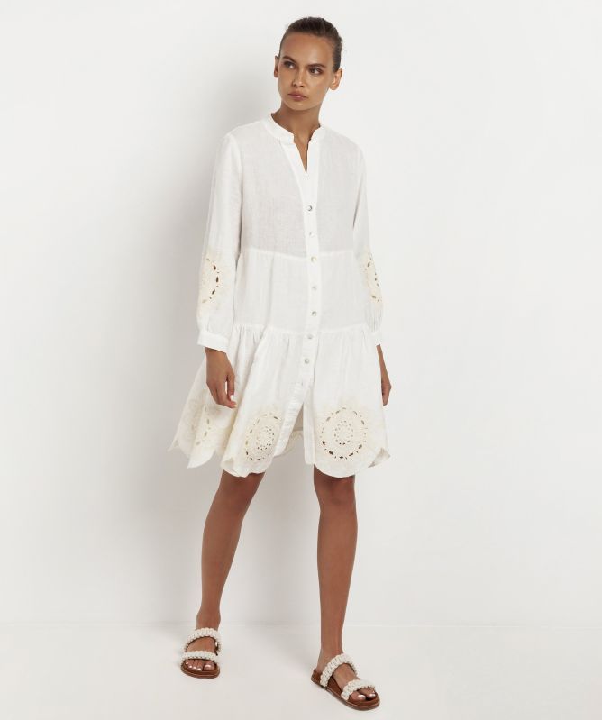 Greek Archaic Kori Linen Embroidered Daisy Mini Dress