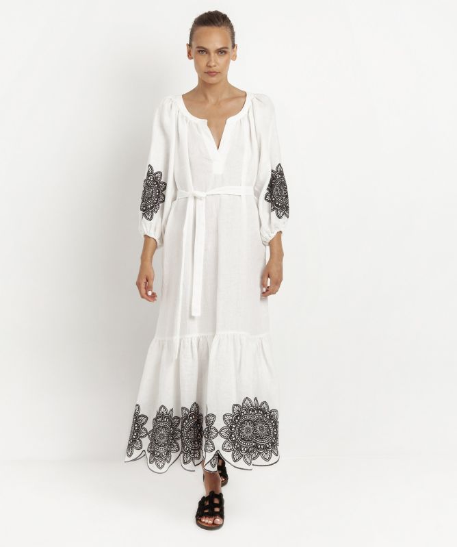 Greek Archaic Kori Linen Embroidered Daisy V-Neck Dress