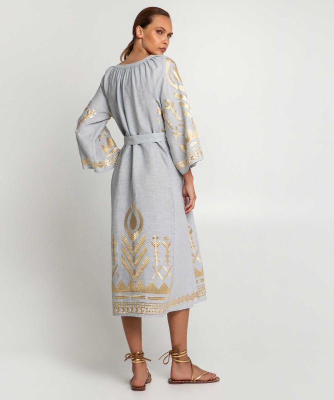 Greek Archaic Kori Linen Belted Feather Dress