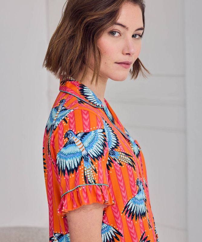 Chelsea Peers Parrot Stripe Print Frill Short Pajama Set
