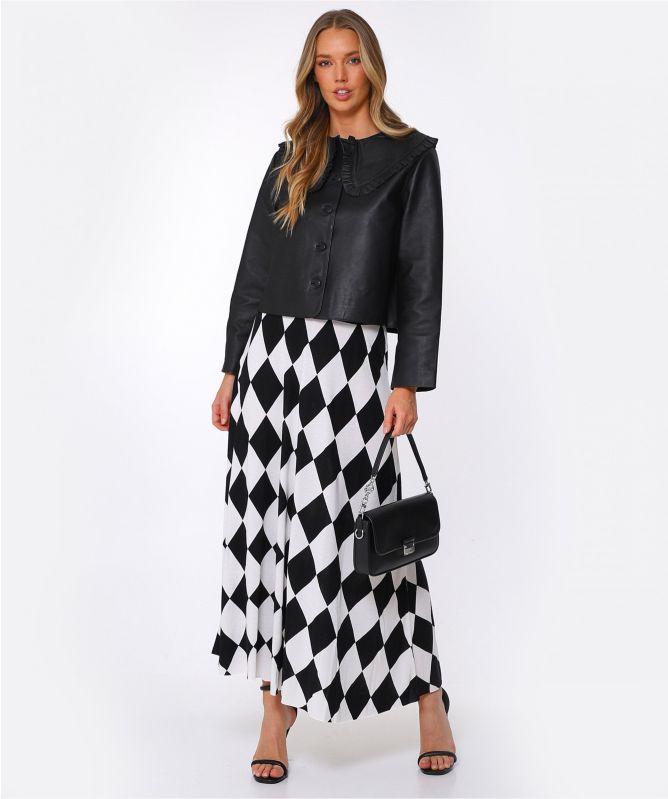 RIXO Debbie Frill Collar Leather Jacket