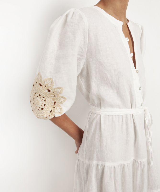 Greek Archaic Kori Linen Embroidered Daisy Midi Dress