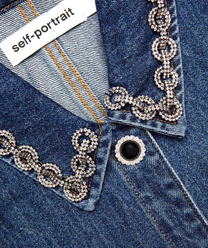 Self-Portrait Denim Crystal Trim Collared Mini Dress