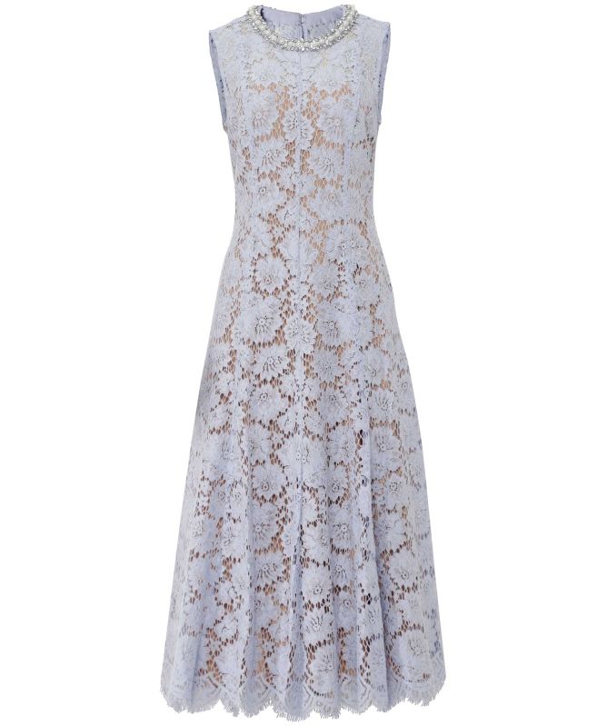 Self-Portrait Blue Fine Lace Pearl Midi Dress