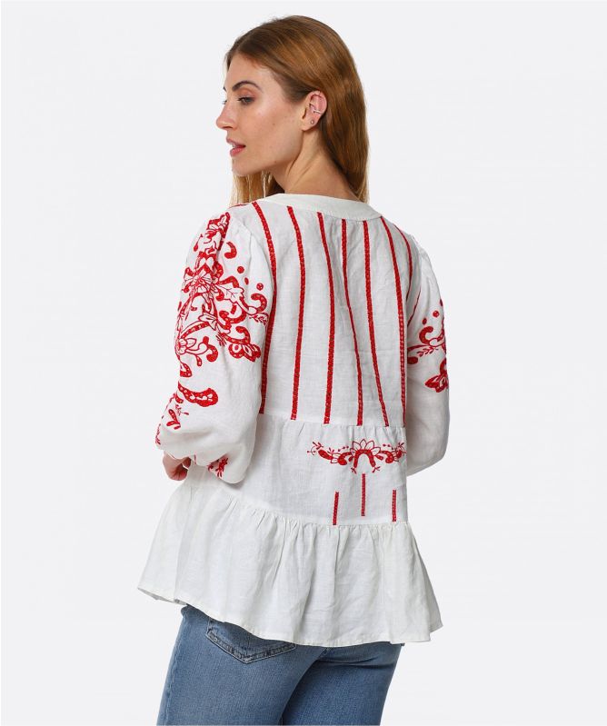 Greek Archaic Kori Tier Embroidered Linen Blouse