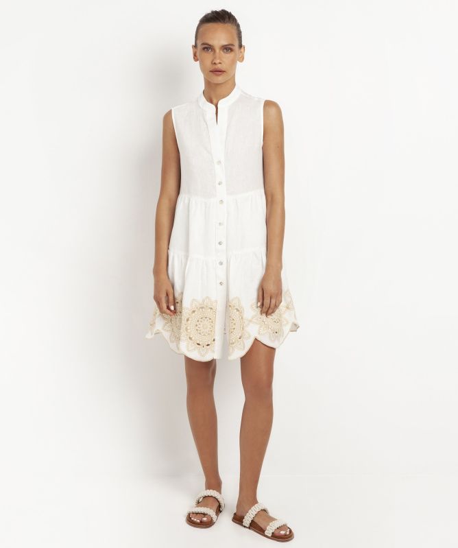 Greek Archaic Kori Linen Embroidered Daisy Sleeveless Dress