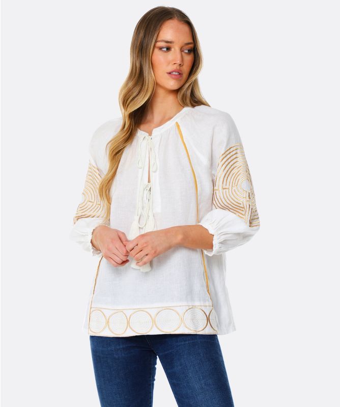 Greek Archaic Kori Labyrinth Embroidered Linen Tunic Top