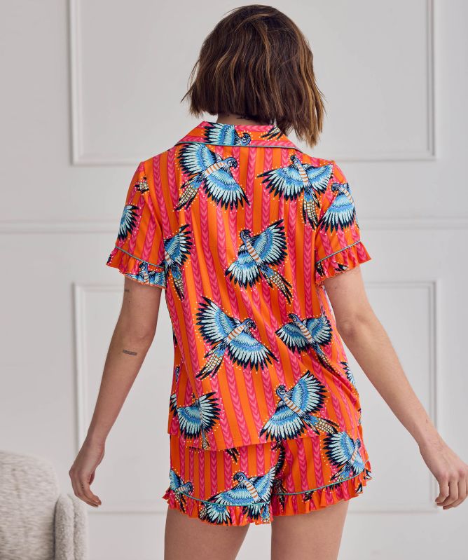 Chelsea Peers Parrot Stripe Print Frill Short Pajama Set