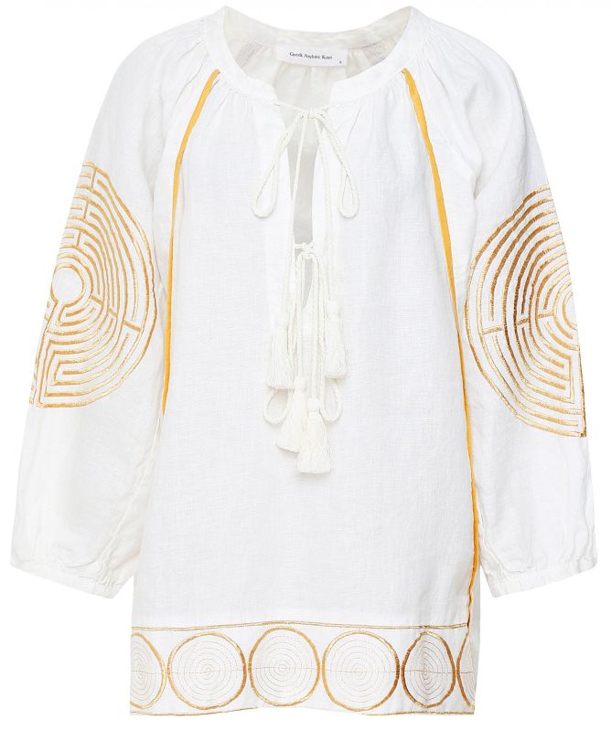 Greek Archaic Kori Labyrinth Embroidered Linen Tunic Top
