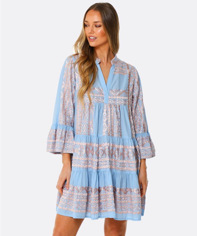 Greek Archaic Kori Embroidered V-Neck Dress