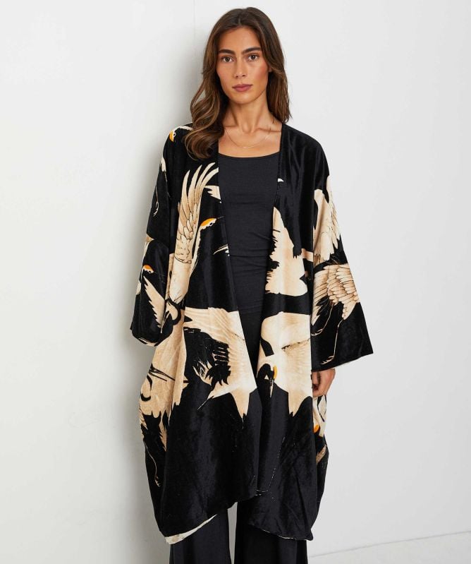 One Hundred Stars Stork Black Velvet Grande Kimono