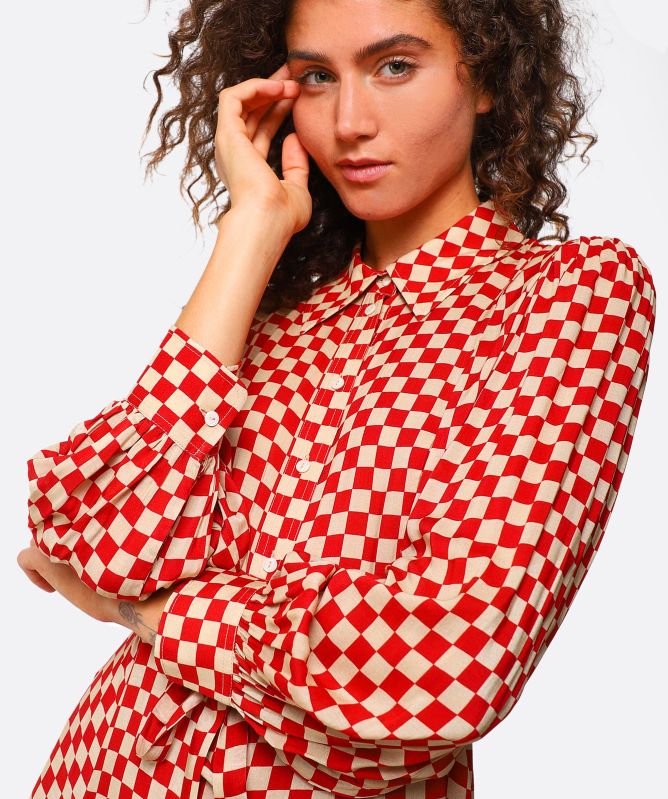checkerboard midi dress Vintage Midi Folklore Dress A-line With Multicolor Checkerboard Pattern Split Neckline Puff Sleeves and Diamond Quilted Bib Yoke 1980s 80s