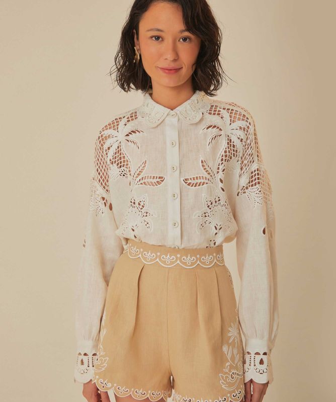 FARM Rio White Palms Linen Shirt