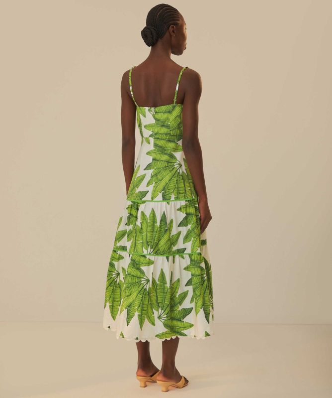 FARM Rio Off-White Palm Fan Midi Dress