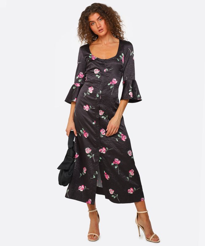 chinese dress ladies Ganni BLUE FLORAL CRINKLED SATIN LONG DRESS