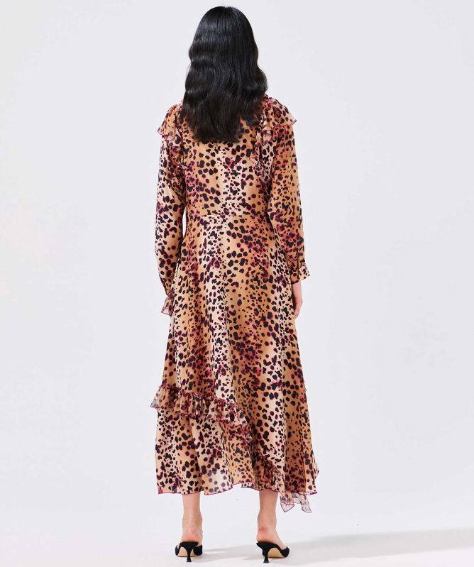 Hayley Menzies Cheetah Frill Silk Shirt Dress
