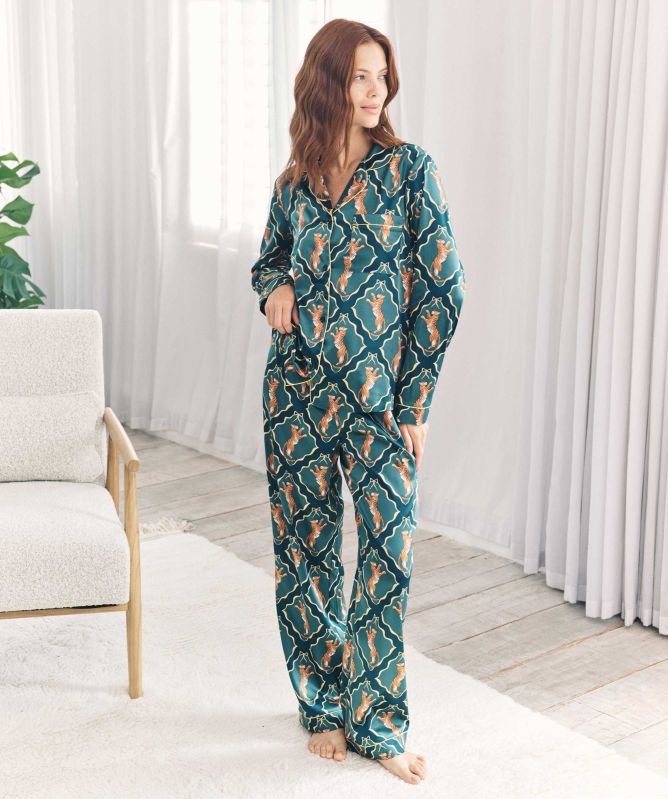 Chelsea Peers Satin Gilded Tiger Print Long Pyjamas