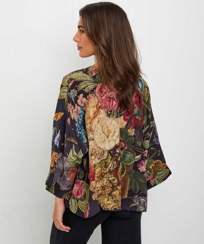 One Hundred Stars Primula Black Crepe Kimono