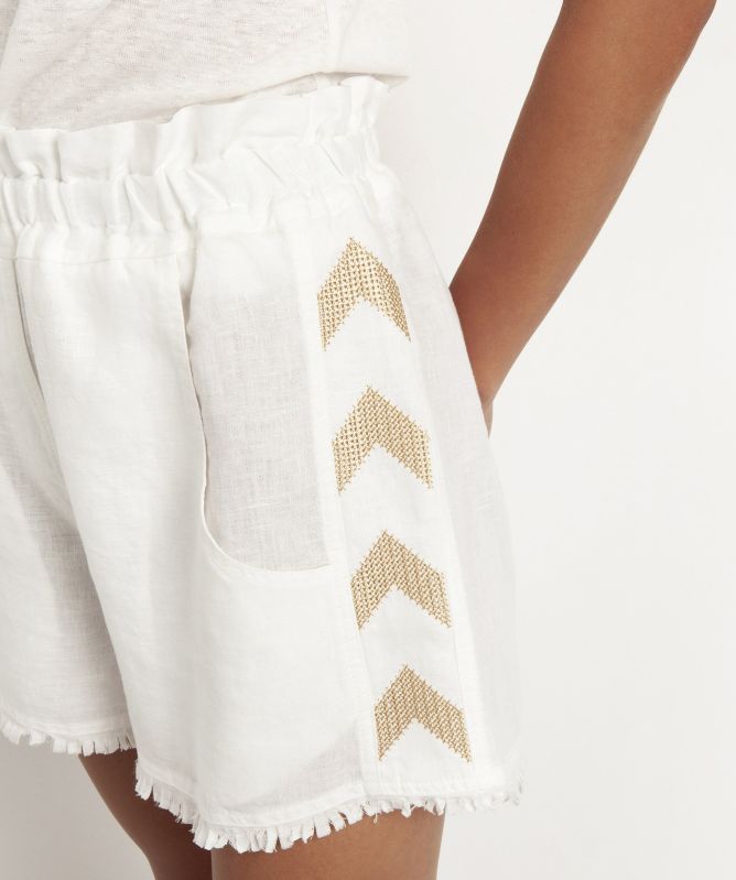 Greek Archaic Kori Linen Peacock Embroidered Shorts