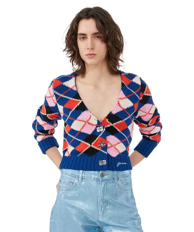 GANNI Organic Cotton Argyle Cardigan