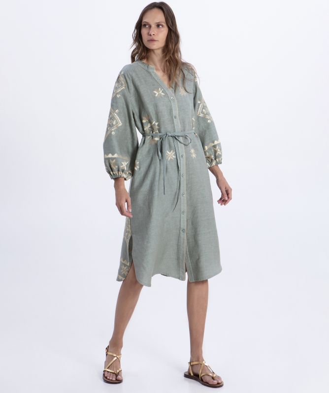 Greek Archaic Kori Lefkada Long-Sleeve Midi Dress