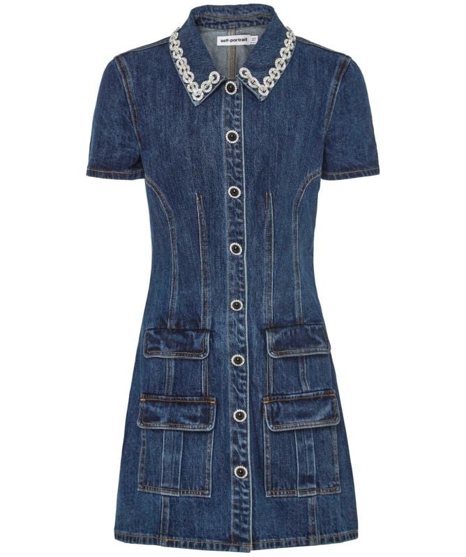 Self-Portrait Denim Crystal Trim Collared Mini Dress