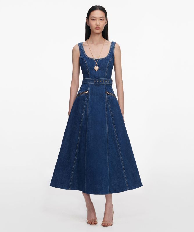 Self-Portrait Denim Flared Belted Midi Dress
