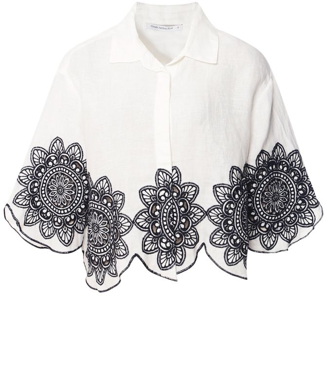 Greek Archaic Kori Linen Embroidered Daisy Shirt