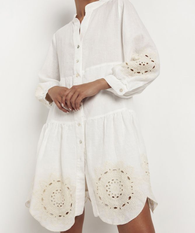 Greek Archaic Kori Linen Embroidered Daisy Mini Dress