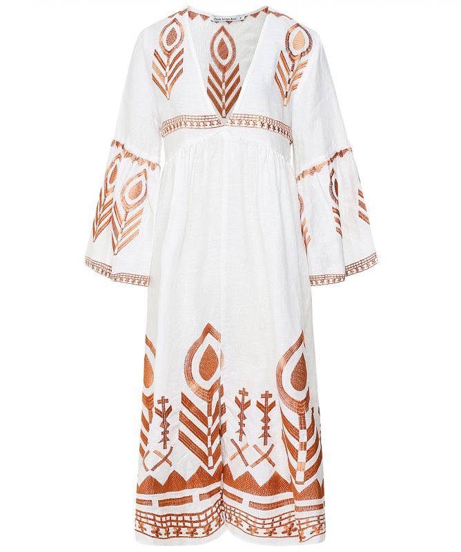Greek Archaic Kori Embroidered Linen V-Neck Midi Dress