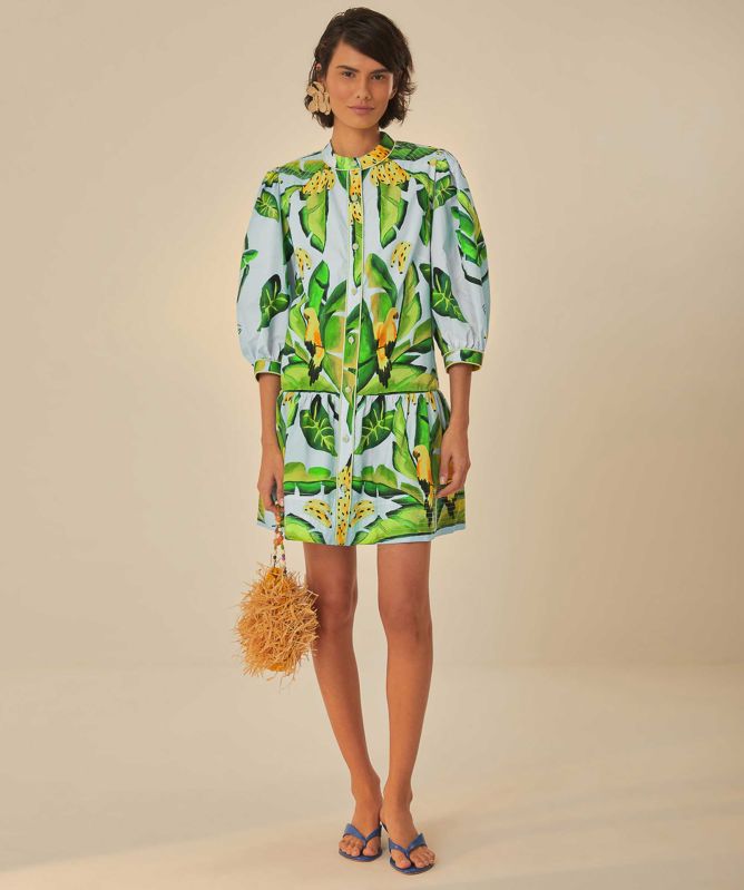 FARM Rio Blue Summer Foliage Scarf Mini Dress