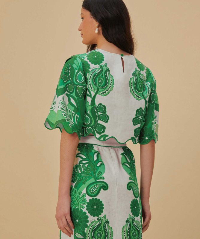 FARM Rio Cropped Linen Festival Blouse