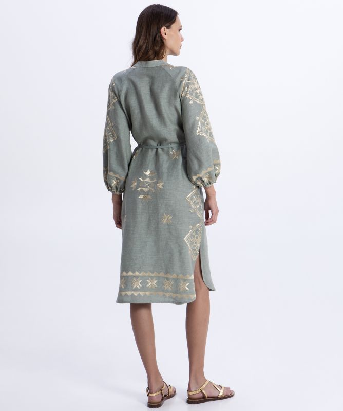 Greek Archaic Kori Lefkada Long-Sleeve Midi Dress