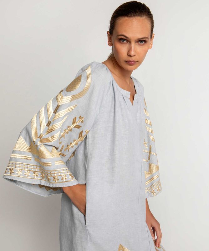 Greek Archaic Kori Linen Belted Feather Dress