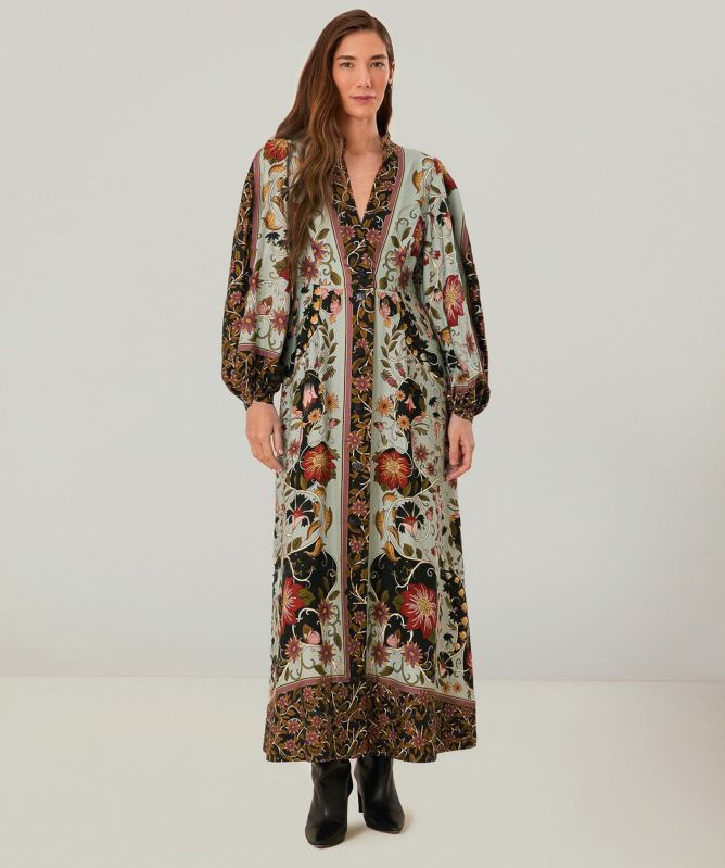 fitted lace wedding dress Farm Rio Floral Off The Shoulder Long Sleeve Maxi Dress in Black at Nordstrom, Size Medium