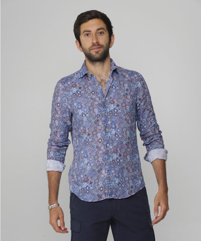 Stenstroms Slimline Linen Geometric Print Shirt