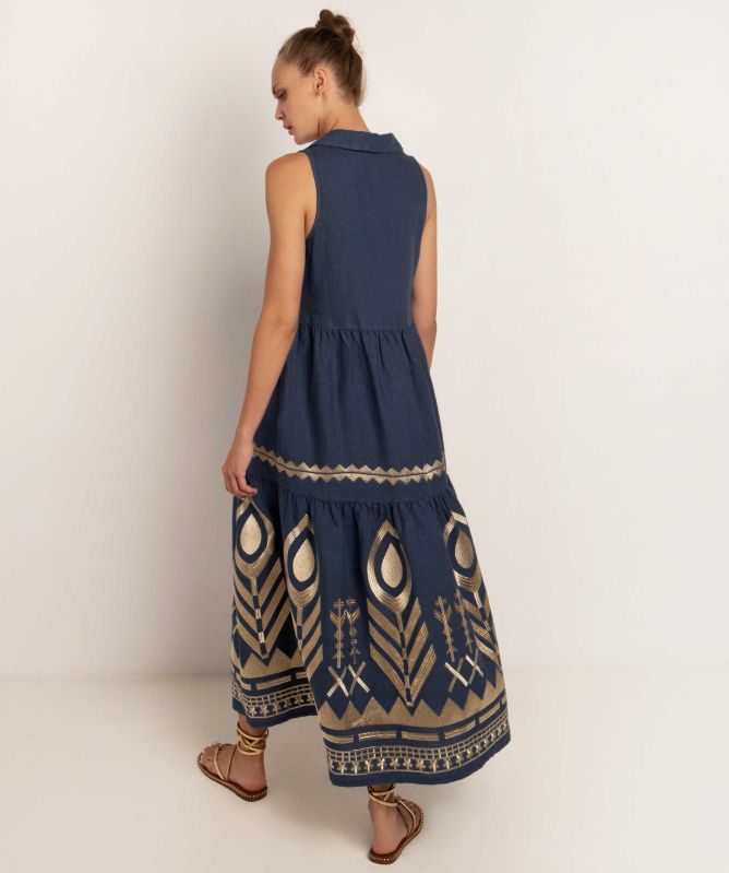 Greek Archaic Kori Feather Sleeveless Midi Dress