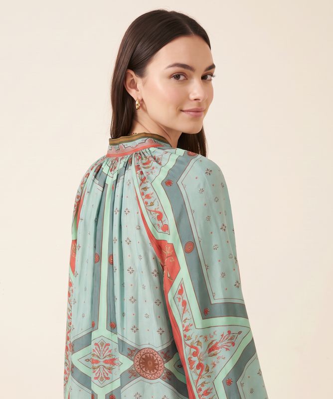 One Hundred Stars Fleur De Lys Aqua Pussybow Blouse