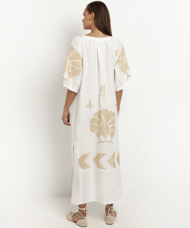 Greek Archaic Kori Linen Peacock Maxi Dress | Jules B