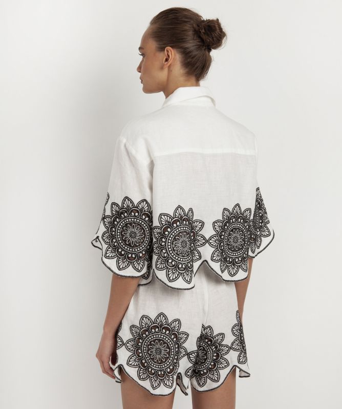 Greek Archaic Kori Linen Embroidered Daisy Shirt
