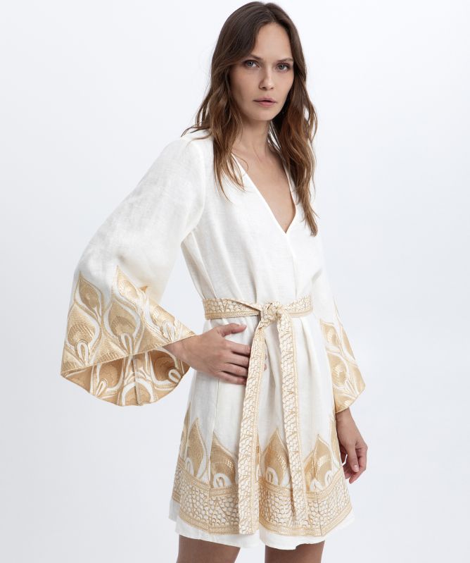 Greek Archaic Kori Phoenix Embroidered Wrap Dress