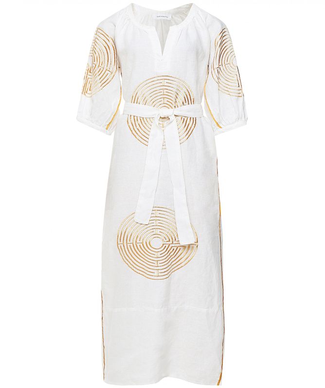 Kori Gold Labyrinth Embroidered Linen Midi Dress | Jules B