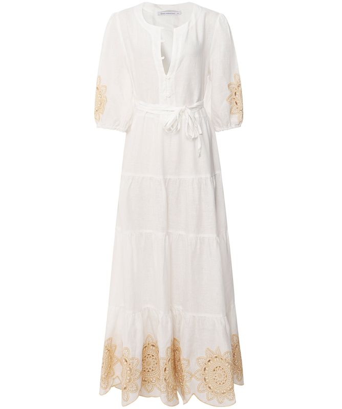 Greek Archaic Kori Linen Embroidered Daisy Midi Dress