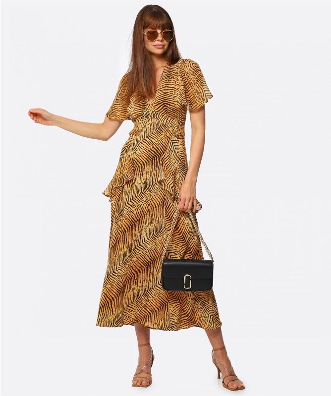 RIXO Tan Evie Silk Tiger Maxi Dress | Jules B